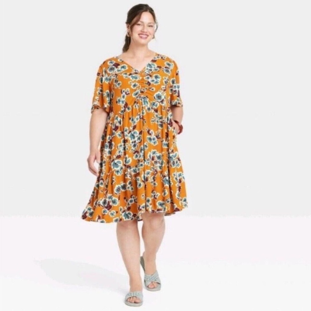 Ava & Viv Copper Floral Print Flutter Sleeve Dress